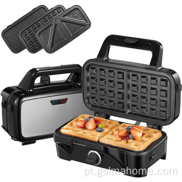 Máquina de sanduíches com grelha removível de aço inoxidável 3 em 1 torradeira para café da manhã com 2 fatias e máquina de fazer waffles